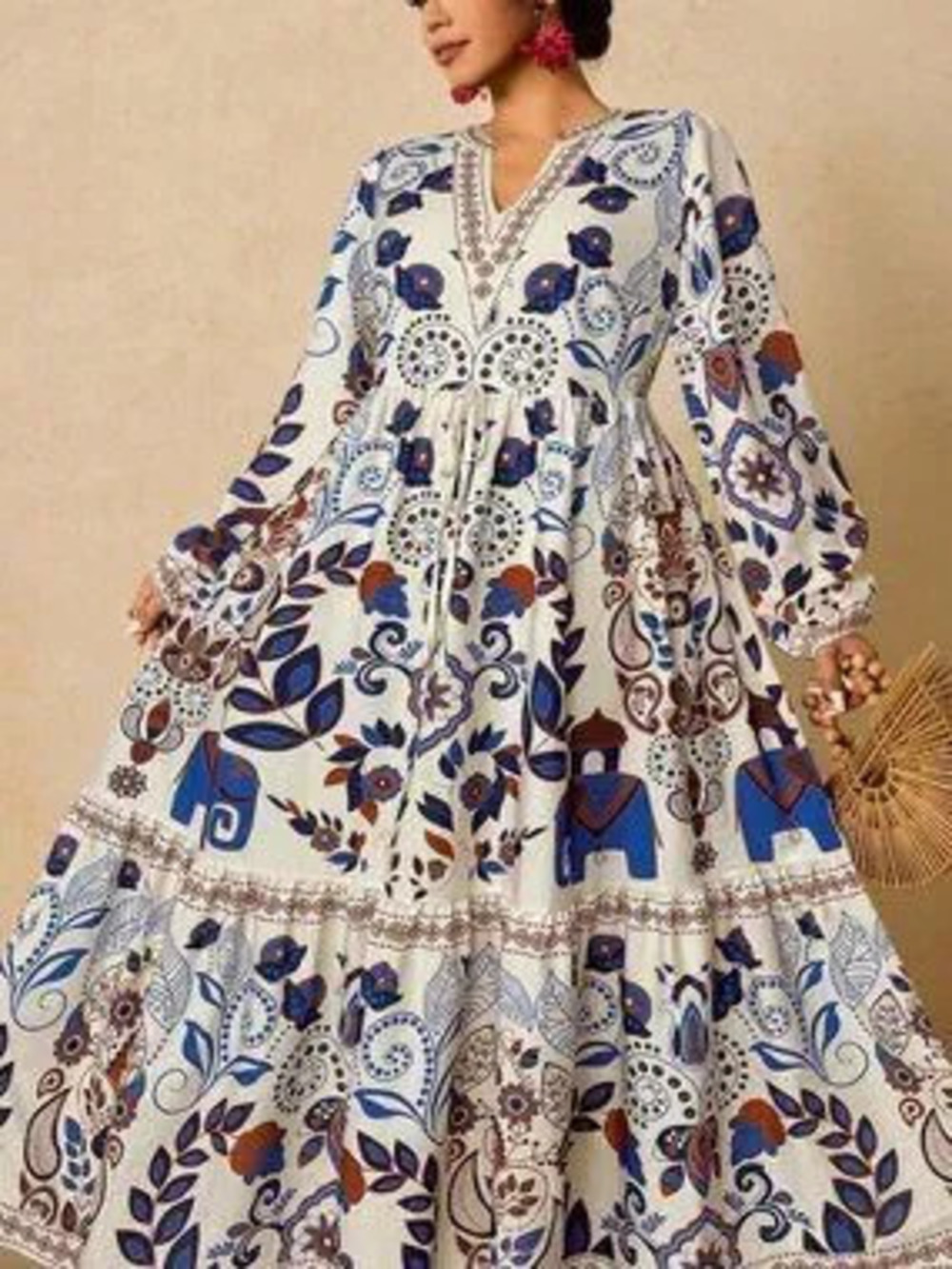 multicolor Boho Women's Plus Size Floral Long Sleeve maxi Dress
